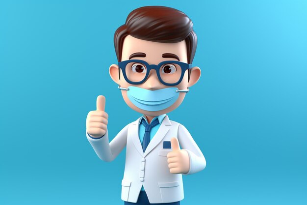 3Dレンダリング 漫画キャラクター スマートドクター 眼鏡をかぶって 親指を上に示す 医療クリップアート