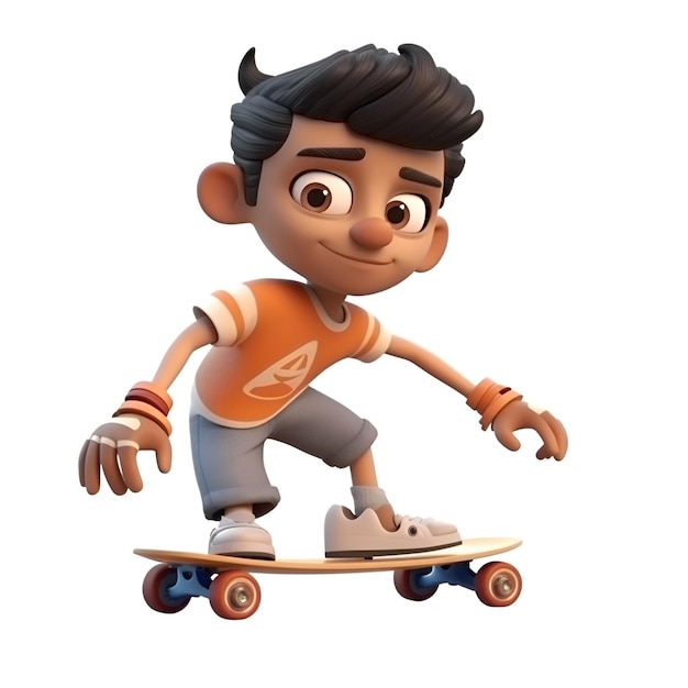 3D Render of a cartoon character with skateboard isolated on white background