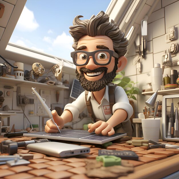 Foto rendering 3d di un personaggio dei cartoni animati che lavora su un portatile in cucina
