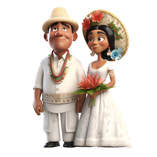 3D Render of a Cartoon Couple Wearing Traditional Clothes