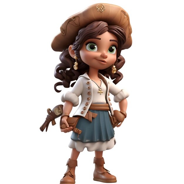 3D Render of a cartoon girl pirate isolated on white background