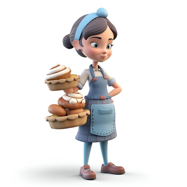 Photo 3d render of a cartoon girl with a baguette bread