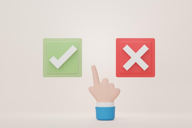 Photo 3d render of cartoon hand choosing button choices between correct and incorrect on pastel background.