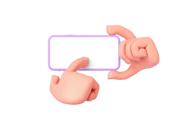 3d render, a cartoon hand holds a phone, the other hand presses the bottom of the screen