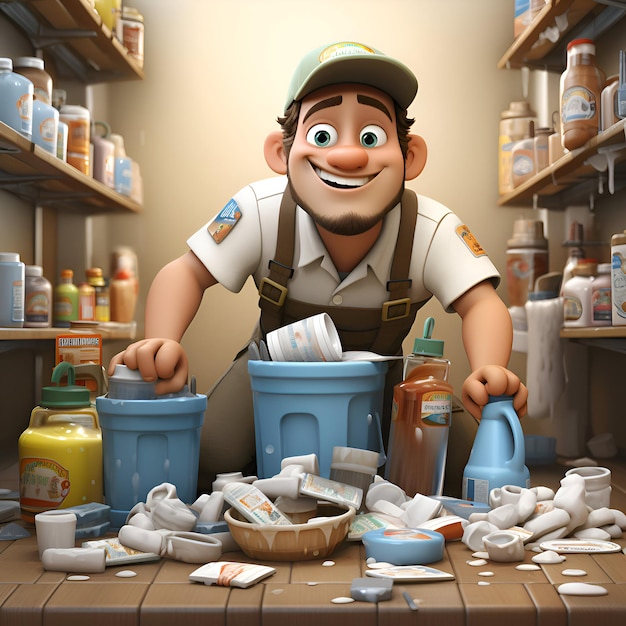 Photo 3d render of a cartoon handyman with trash in a store