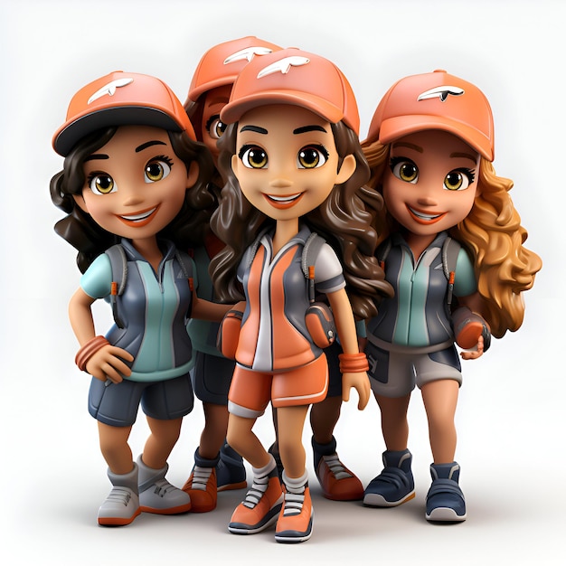 3D Render of Cartoon Hikers with Backpacks on White Background