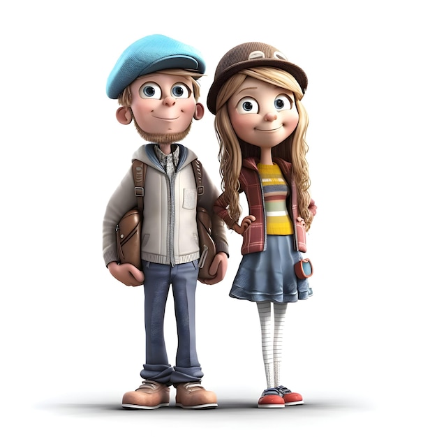 3d Render of Cartoon Hipster Boy and Girl on White Background