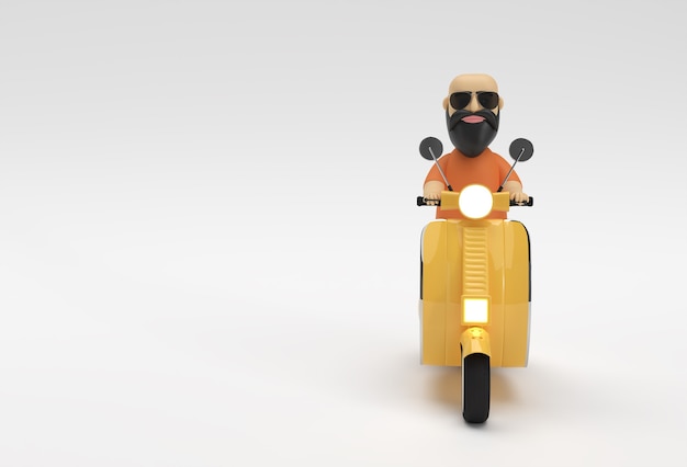 3D render Cartoon karakter kale Man rijden Motor Scooter zijaanzicht op een witte achtergrond.