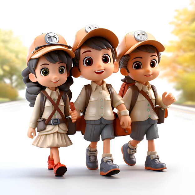 Foto rendering 3d di cartoon kids con backpacker sulla strada