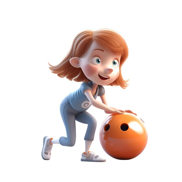 3D Render of Cartoon Little Girl with bowling ball isolated on white background