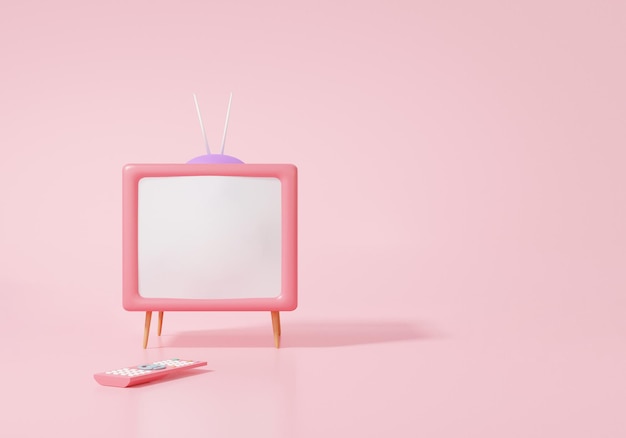 3d rendering cartone animato stile minimal telecomando e icona tv vintage galleggiante su sfondo rosa connessione multimediale banner copia spazio illustrazione