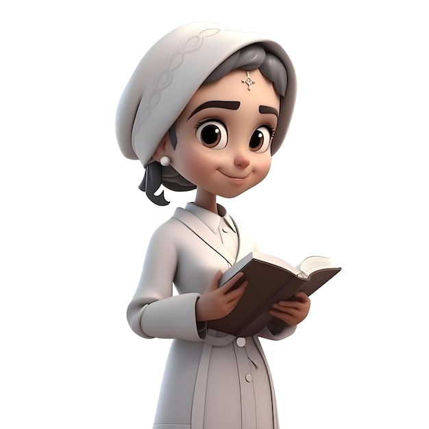 3D Render of Cartoon Nurse with book over white with clipping path