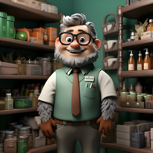 Photo 3d render of a cartoon old man in a shop or store