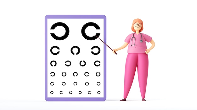 3D render cartoon personage vrouwelijke dokter draagt roze uniform en bril