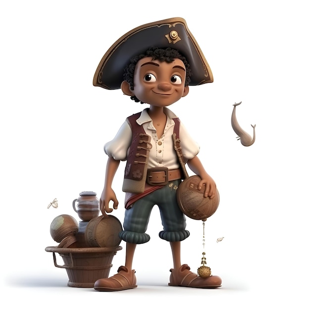 3D Render of a cartoon pirate with a pot and a hat