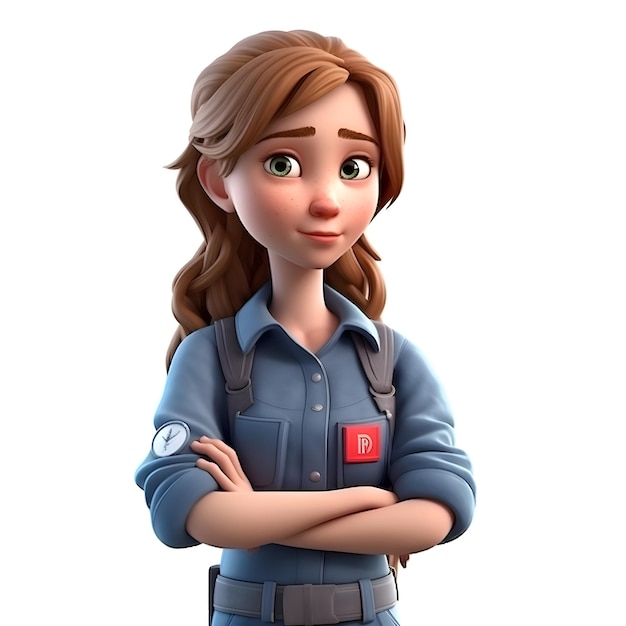 3D Render of Cartoon Police Woman with security camera on white background