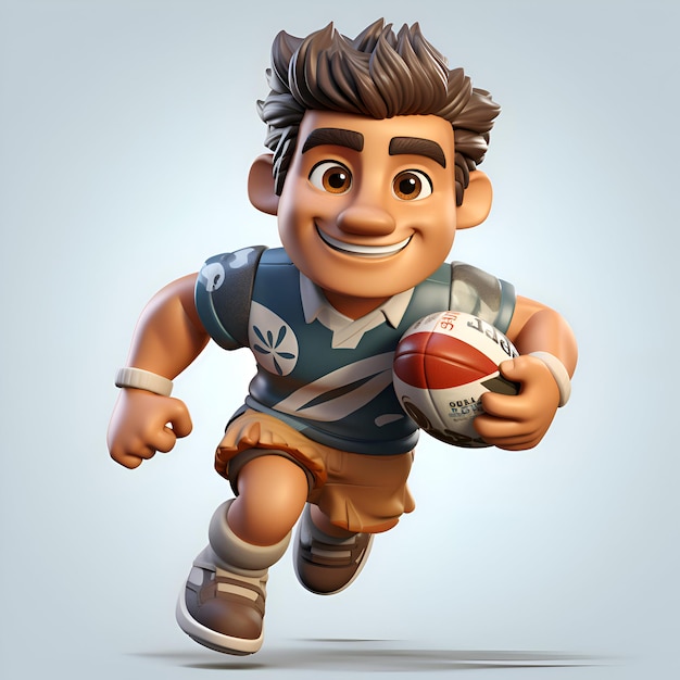 Photo 3d render of a cartoon rugby player running with a rugby ball