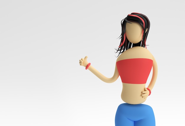 親指のジェスチャーでリフトを求める3Dレンダリング漫画の女性の手。