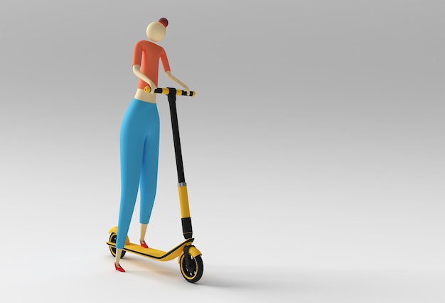 写真 プッシュスクーターに乗る3dレンダリング漫画の女性3dアートデザインイラスト。