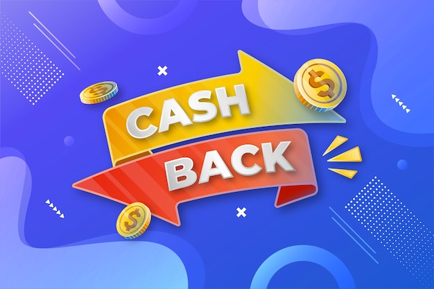 Photo 3d render cash back text on yellow and orange arrow with coins around on blue background