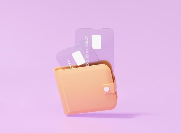 3D render Cashback in portemonnee pictogram concept met duidelijke debet, creditcard Financiën besparing online Betalingsinvestering op geïsoleerde paarse achtergrond, banner, illustratie