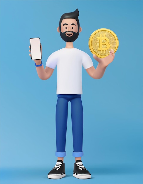 색 티셔츠, 파란색 청바지, 검은색 스니커를 입은 남성의 3D 렌더링 캐릭터