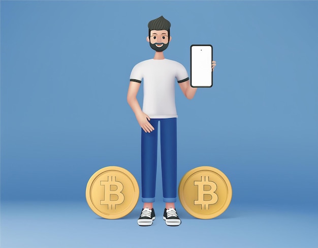 색 티셔츠, 파란색 청바지, 검은색 스니커를 입은 남성의 3D 렌더링 캐릭터