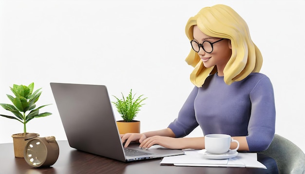 3d render character of a woman hands typing keyboard on laptop computer plant coffee papers phone is