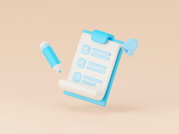 3d render of checklist clipboard and pencil