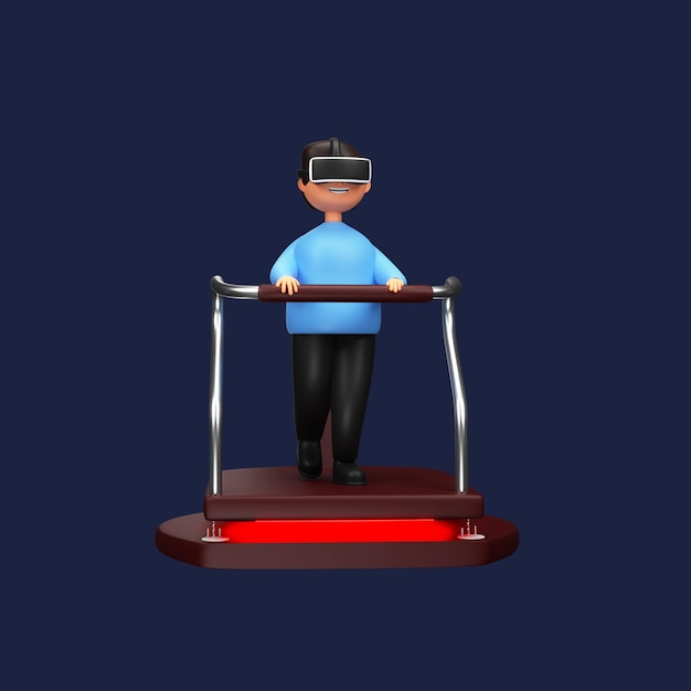 3D Render of Cheerful Male Character Wearing VR Glasses On Waller Over Blue Background