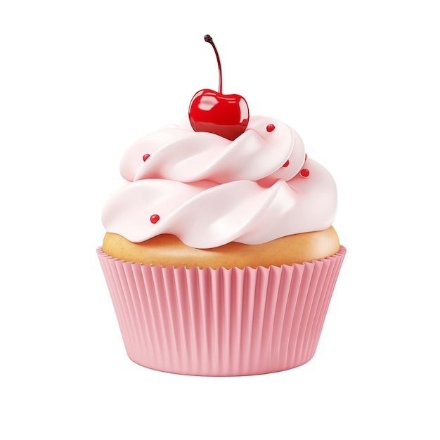 3d render of cherry cupcake with cream on white background