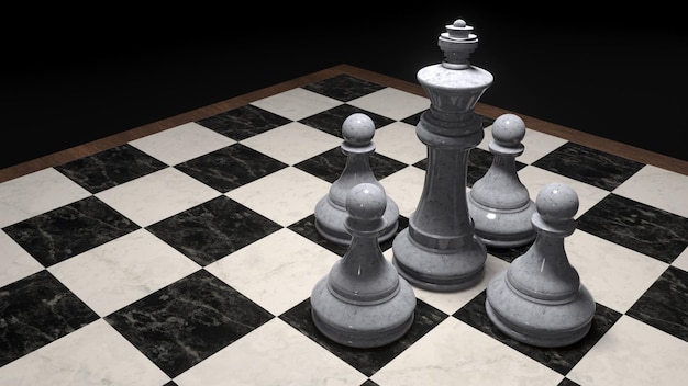 3d render of chess pieces on the board The king is surrounded by pawns Business concept Defense strategy Investments