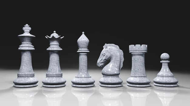 Photo 3d render of chess pieces on the board a set of figures in high key on a black background business concept