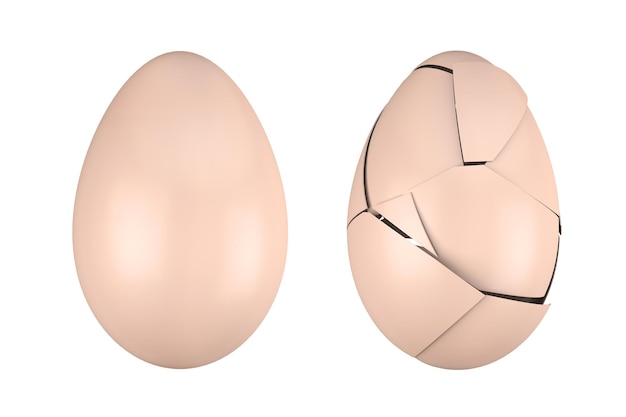 Rendering 3d di un uovo di gallina e un uovo con guscio rotto isolato su uno sfondo bianco.