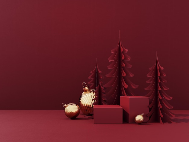 3D レンダリング クリスマス フォトグラフ ポディウム ゴールド トイズ