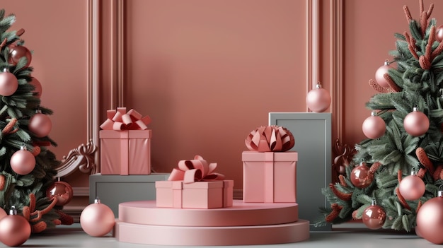 3D-рендеринг рождественского фона с упакованными подарками, украшениями и пустыми подиумами для демонстрации продукта