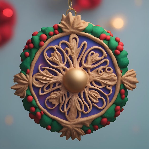 3D рендеринг рождественской безделушки с орнаментом на синем фоне