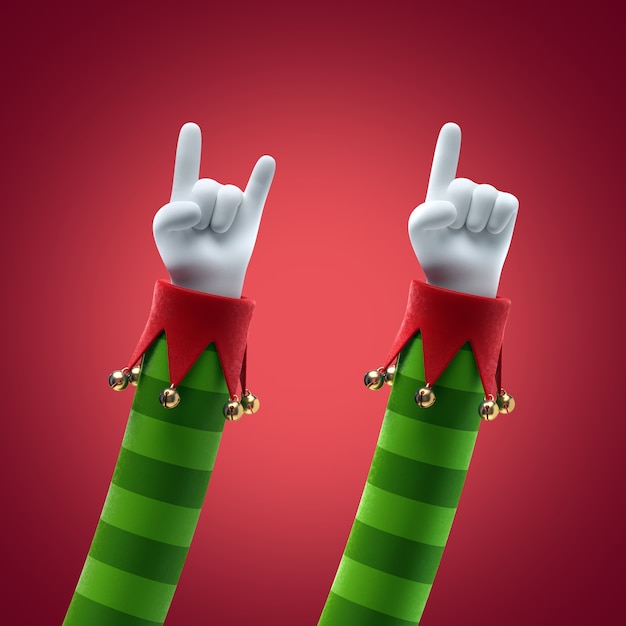 3d render Christmas elf hands clip art isolated on red background