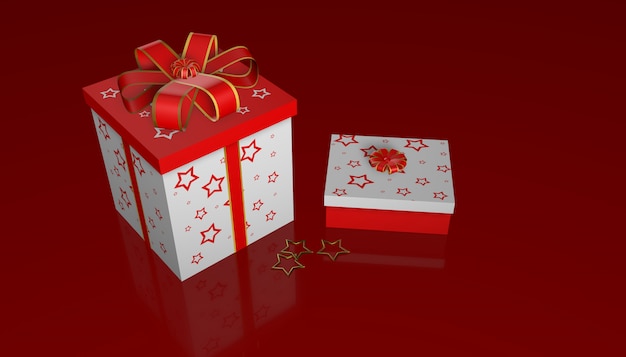 3d rendono dei contenitori di regalo di natale su priorità bassa di vetro rossa