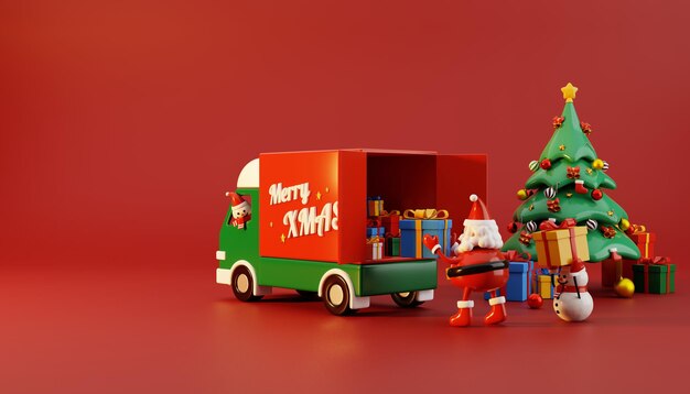 Rendering 3d di un albero di natale circondato da una scatola regalo con babbo natale e un pupazzo di neve che mettono regali su un camion rosso