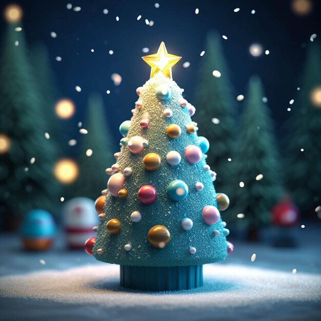 3D render christmas tree with snowfall background