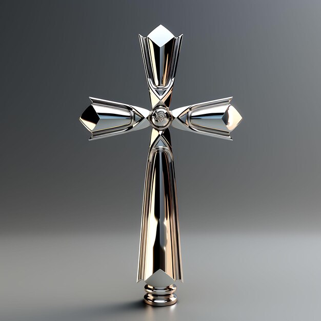 3D-рендеринг хромированного креста с гладкой металлической текстурой, выгравированной лазером Ge Страстная пятница, Пасхальная пальма