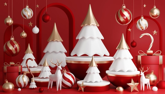 3D render cilinder podium in kerstmis Kerstman en kerstboom geschenkdozen lint product parfum promotie verkoop presentatie cosmetica op achtergrondkleur