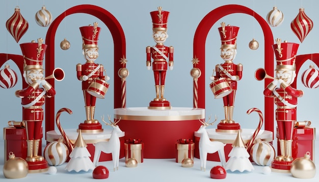 3D render cilinder podium in kerstmis Kerstman en kerstboom geschenkdozen lint product parfum promotie verkoop presentatie cosmetica op achtergrondkleur