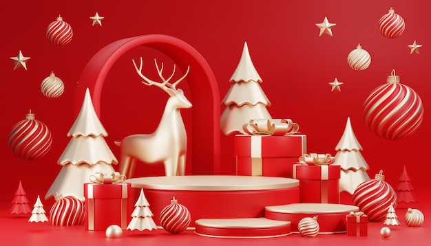 3d render cilinderpodium in kerstmis santa claus en kerstboom, geschenkdozen