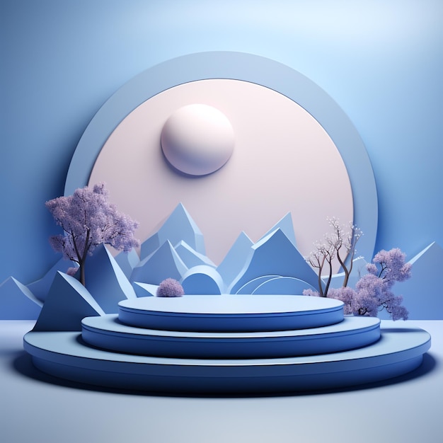 3D Render circle podium in blue color with elegant background