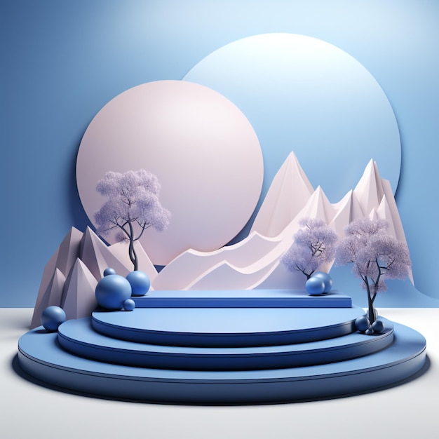 3D Render circle podium in blue color with elegant background