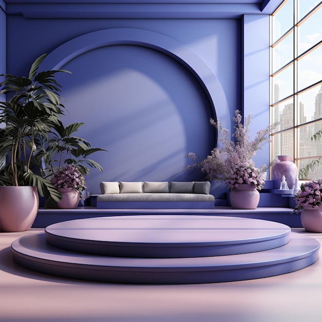 3D Render круговой подиум синего цвета с элегантным фоном