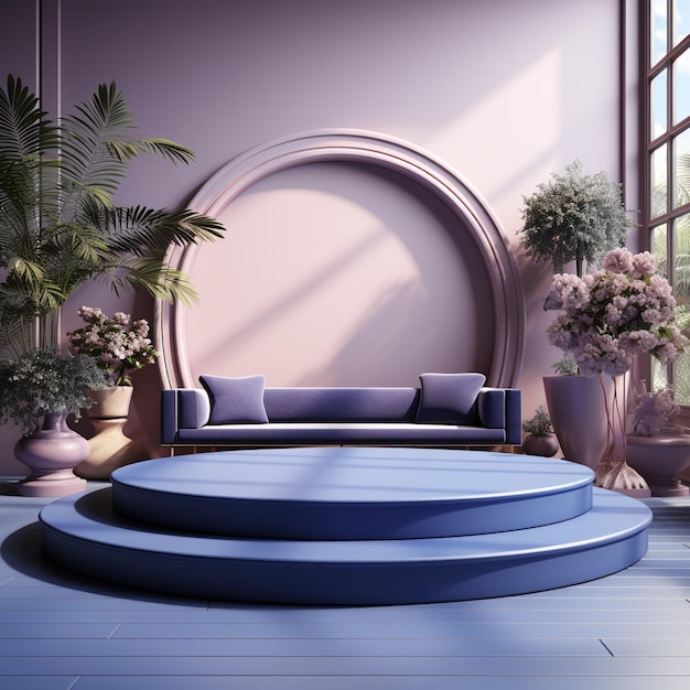 3D Render circle podium in blue color with elegant background