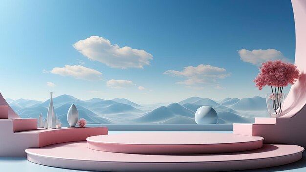 3d render circle podium product display with beautiful cloud and sky background